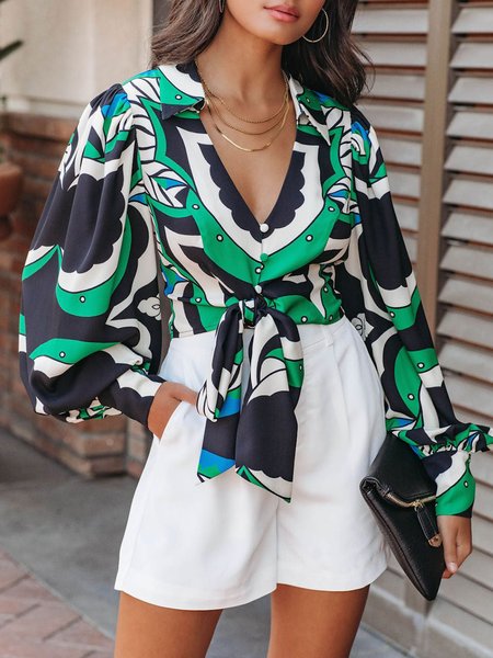

Regular Fit Lantern Sleeve Abstract Graphic V Neck Urban Blouse, Black-green, Blouses and Shirts