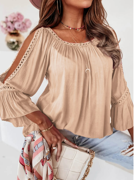 

Plain Lace Crew Neck Casual Shirt, Khaki, Shirts & Blouses