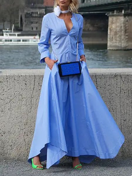 

Regular Fit Plain Crew Neck Urban Dress, Blue, Maxi Dresses