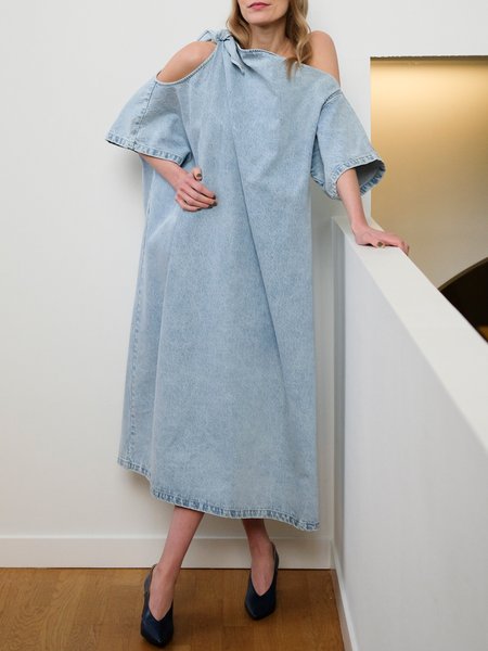 

Half sleeveOne Shoulder Casual Denim Dress, Blue, Maxi Dresses