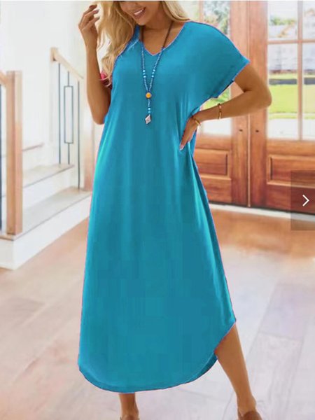 

Casual Plain Loose V Neck Dress, Lake blue, Dresses
