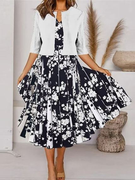 Casual Wrap Floral Two-Piece Set, Black-white, Suit Set