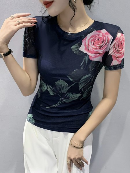 

Short sleeve Mesh Floral Crew Neck Elegant T-Shirt, Dark blue, Tees