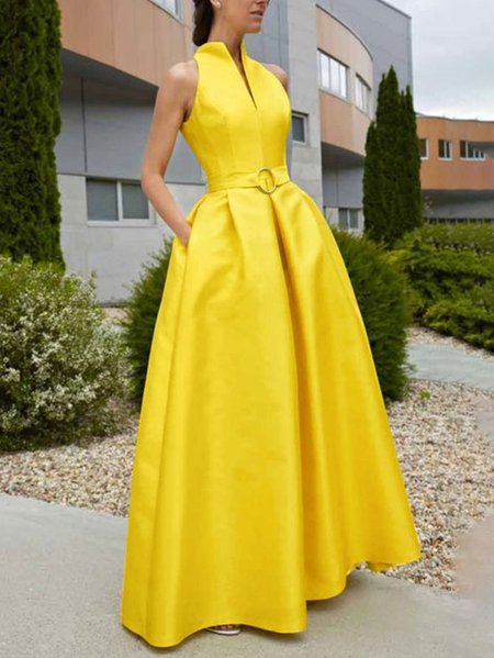 

Regular Fit V Neck Elegant Plain Dress, Yellow, Maxi Dresses