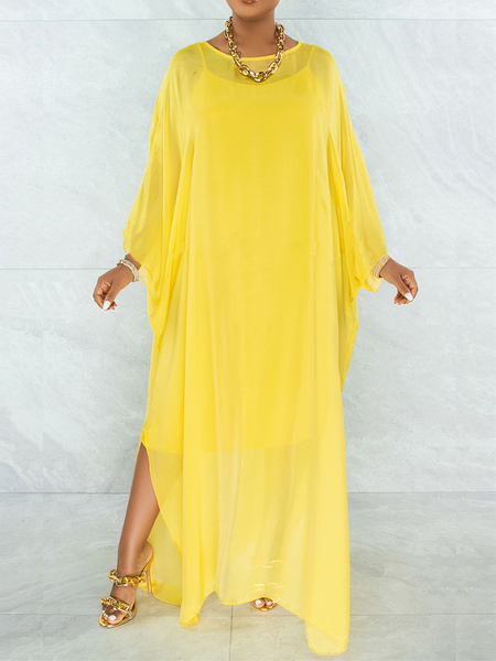 

Loose Plain Elegant Crew Neck Long sleeve Dress, Yellow, Midi Dresses