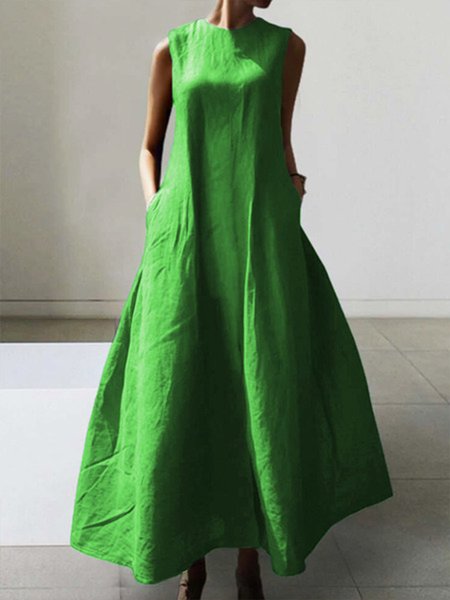 

Casual Crew Neck Loose Plain Sleeveless Dress, Green, Maxi Dresses
