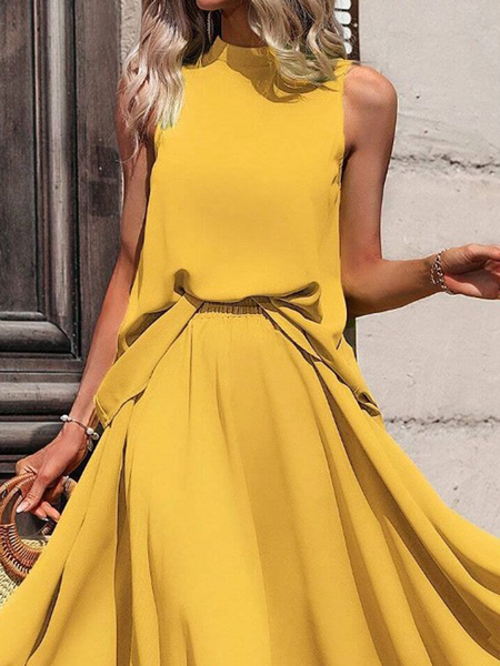 

Loose Vacation Sleeveless Stand Collar Daily Shirt, Yellow, Blouses and Shirts