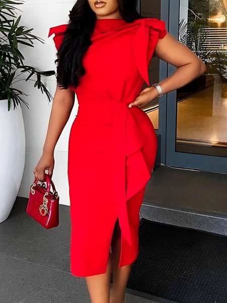 

Elegant Regular Fit Plain Lace-Up Dress, Red, Midi Dresses