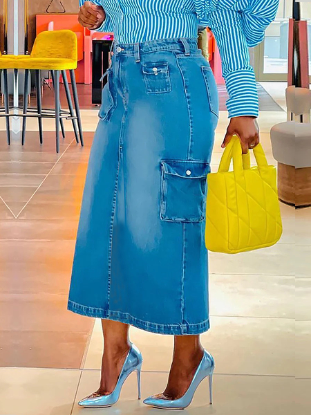

Lightweight Plain Urban Loose Denim Maxi Skirt, Denim blue, Denim Skirts