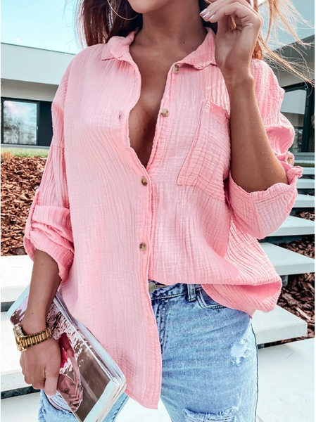 

Loose Casual Plain Shirt Collar Blouse, Pink, Shirts & Blouses