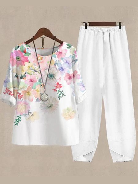 

Casual Floral Crew Neck Loose Two-Piece Set, Pink, Suit Set