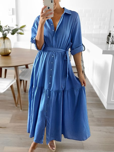 

Urban Regular Fit Shirt Collar Plain Dress With Belt, Blue, Maxi Dresses