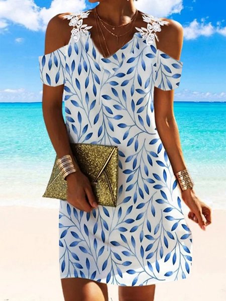 

Casual Floral Regular Fit V Neck Dress, Blue, Dresses