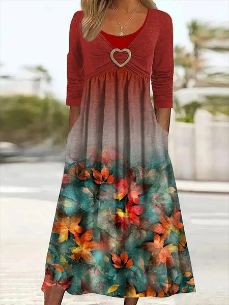 

Casual Crew Neck Floral Dress With No Belt, Red, Dresses
