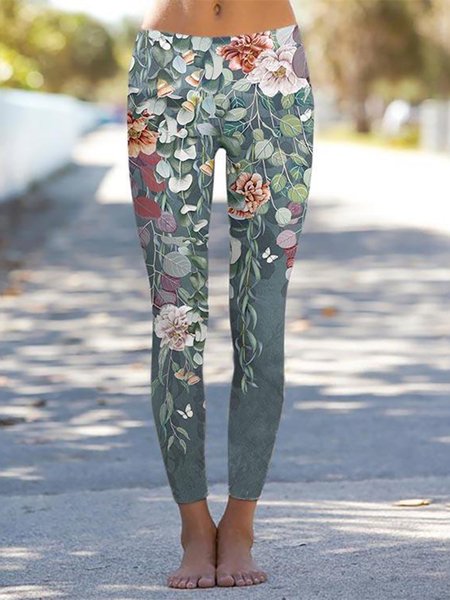 

Casual Floral Regular Fit Leggings, Green, Leggings