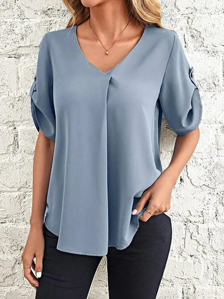 

V Neck Plain Loose Casual Shirt, Blue, Shirts & Blouses