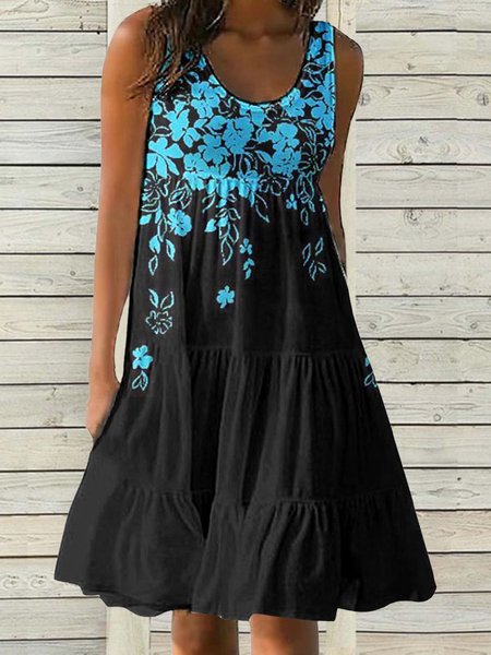Casual Crew Neck Regular Fit Dress, Deep blue, Dresses
