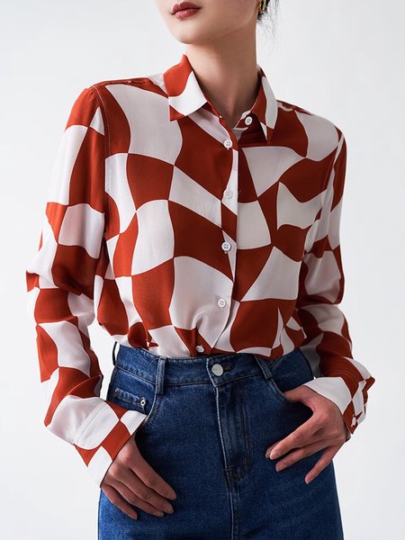 

Long sleeve Shirt Collar Elegant Geometric Blouse, Red, Blouses and Shirts