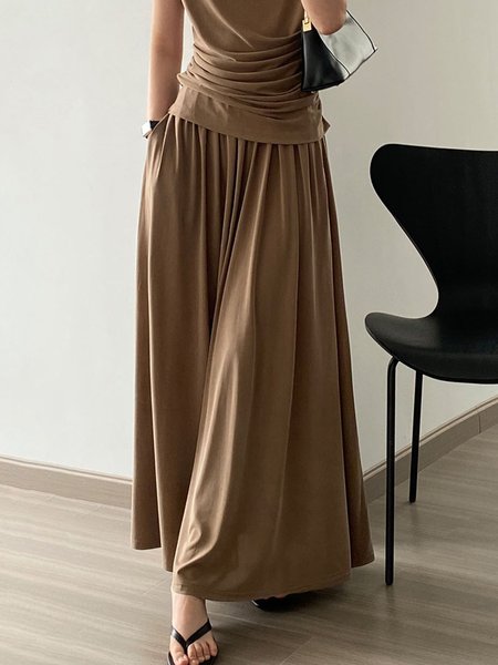 Simple Regular Fit Plain Urban Skirt, Khaki, Skirts