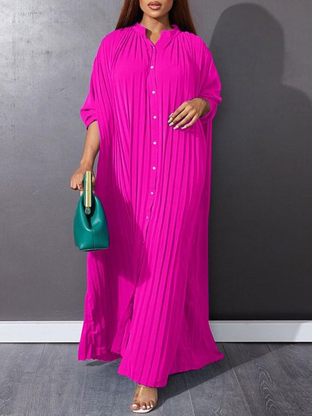 

Plain Urban Loose Stand Collar Dress, Deep pink, Maxi Dresses