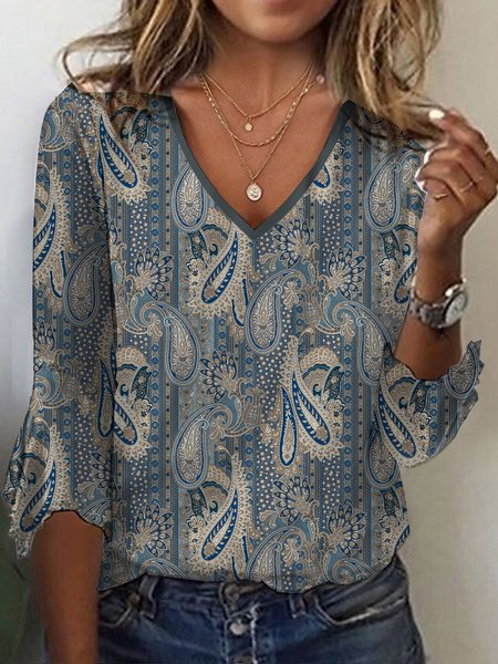 

Ethnic Knitted Casual V Neck Shirt, Gray, Shirts & Blouses