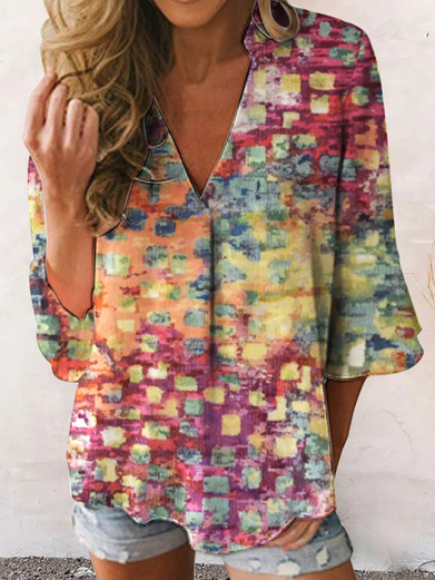 

Loose V Neck Casual Abstract Blouse, Pink, Shirts & Blouses