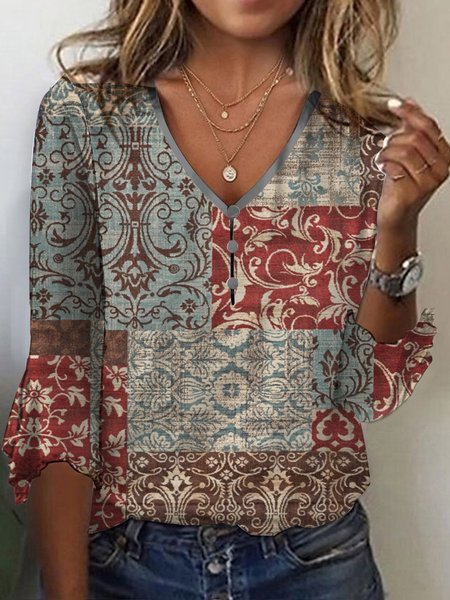 

Casual Ethnic V Neck Loose T-Shirt, Red, T-Shirts