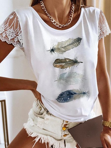 

Lace Casual Feather Crew Neck Shirt, White, Shirts & Blouses