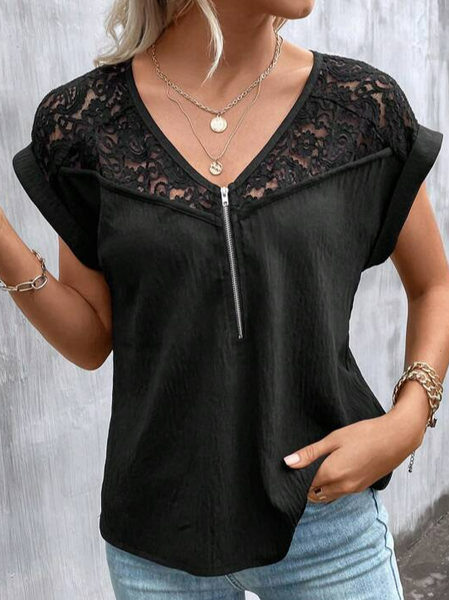 

Casual Loose V Neck Lace Zipper Shirt, Black, Shirts & Blouses