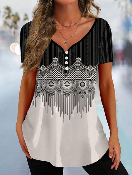 

Casual V Neck Ethnic Shirt, Black, Shirts & Blouses