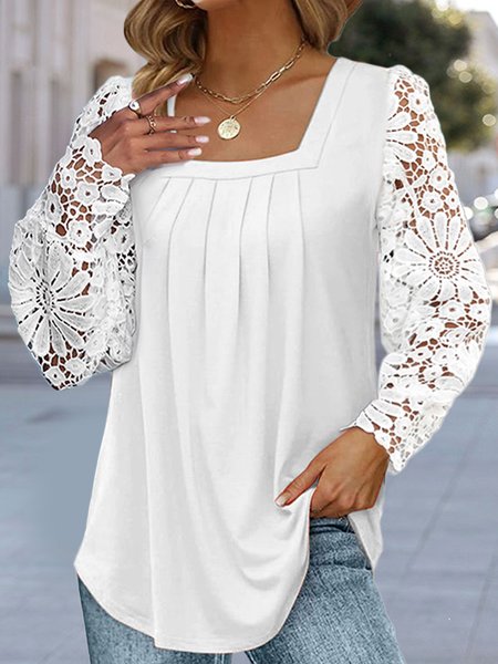 

Square Neck Plain Casual Loose Lace Shirt, White, Shirts & Blouses