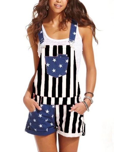 

Casual Independence Day Regular Fit Denim Bib Pants, Black, Jumpsuits＆Rompers