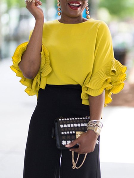 

Elegant Plain Crew Neck Loose Shirt, Yellow, Blouses and Shirts