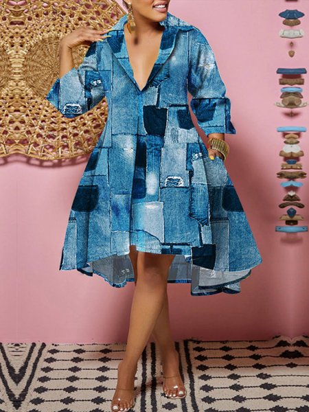 

Contrast Stitching Urban Loose Faux Denim Dress, Blue, Midi Dresses
