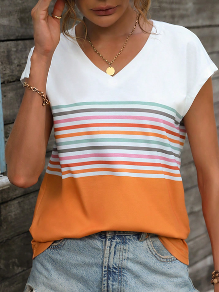 

Striped Casual V Neck T-Shirt, Orange, T-Shirts