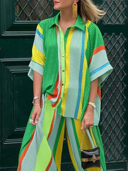 

Striped Vacation Loose Shirt Collar Blouse, Green, Blouses and Shirts