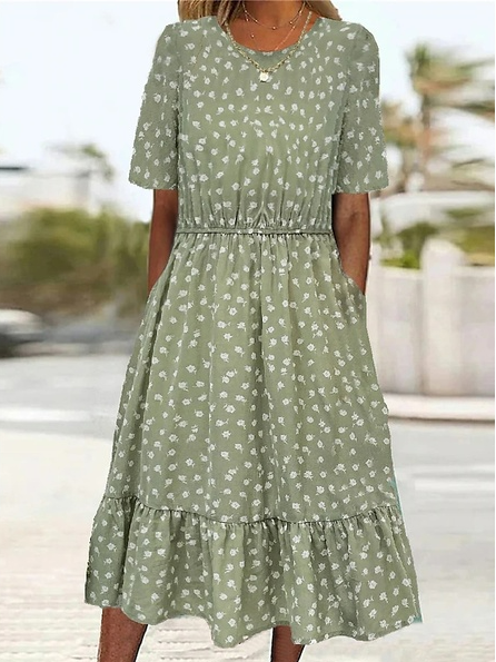 

Floral Casual Dress With No Belt, Green, Dresses