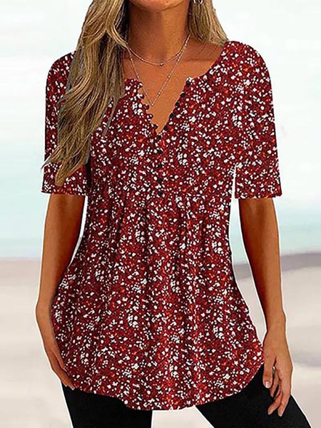 

Casual Floral Regular Fit V Neck T-Shirt, Wine red, T-Shirts