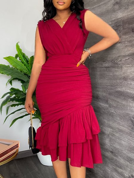 

V Neck Plain Tight Elegant Dress, Red, Midi Dresses