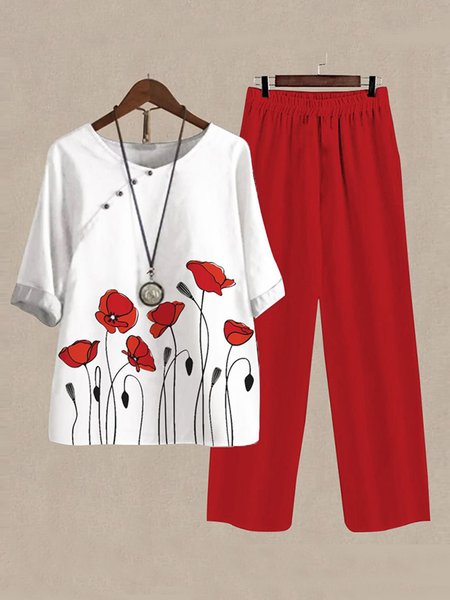 

Casual Floral Regular Fit Two-Piece Set, Red, Suit Set