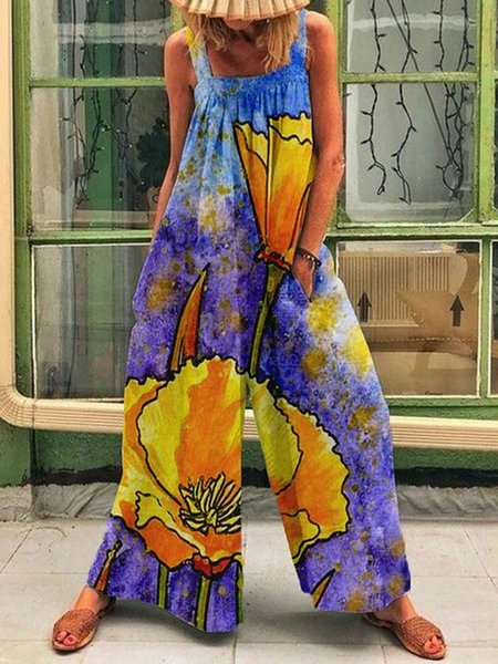 

Casual Floral Loose Square Neck Jumpsuit, Purple, Jumpsuits＆Rompers