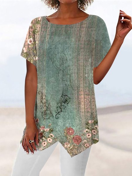 

Casual Floral Crew Neck Regular Fit T-Shirt, Green, T-Shirts
