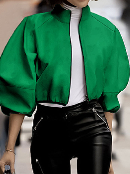 

Loose Urban Stand Collar Color Block Short sleeve Jacket, Green, Jackets