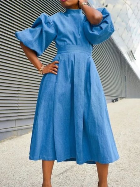 

Urban Stand Collar Faux Denim Midi Dress With No Belt, Blue, Midi Dresses