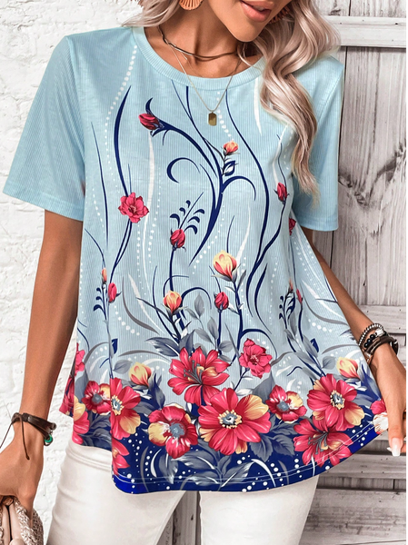 

Casual Crew Neck Floral T-Shirt, Light blue, T-Shirts