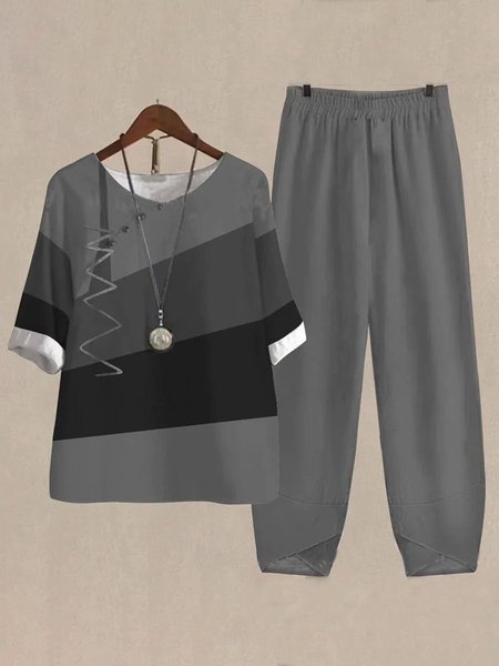 

Casual Color Block Crew Neck Two-Piece Set, Gray, Suit Set