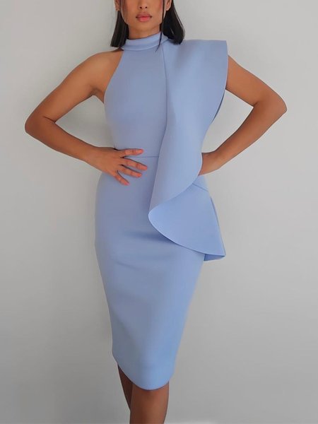 

Plain Stand Collar Tight Elegant Mini Dress With No Belt, Blue, Midi Dresses