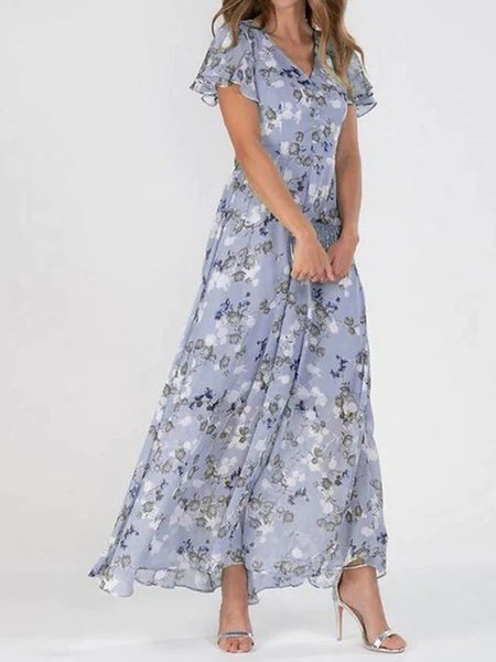 

Woman Elegant Fashion V Neck Floral Print Dress, Purple, Dresses