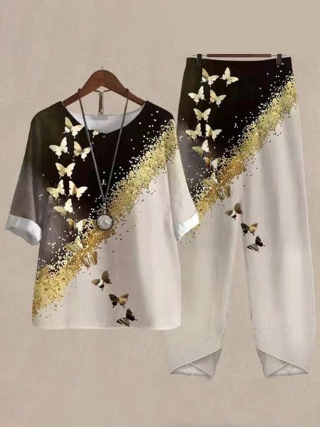 

Casual Crew Neck Regular Fit Two-Piece Set, Golden, Suit Set