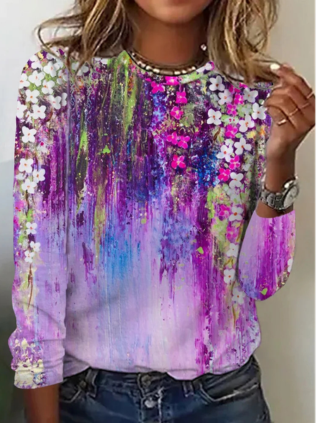 

Floral Casual Crew Neck T-Shirt, Purple, T-Shirts